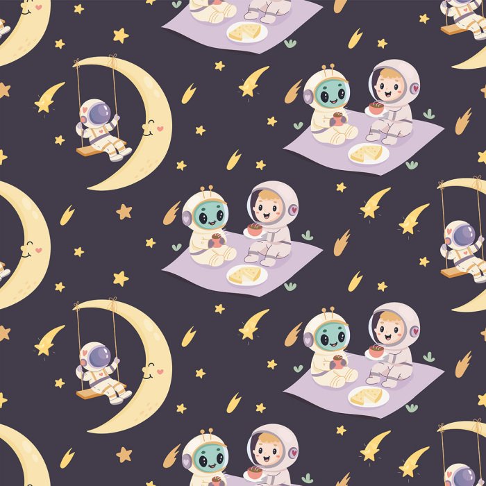 Behang Astronauten in de ruimte tegen de nachtelijke hemel, een patroon voor kinderen.