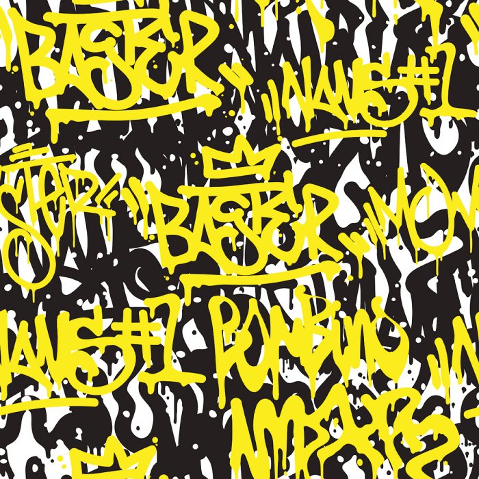Behang Graffiti in gele letters op een zwart-witte achtergrond