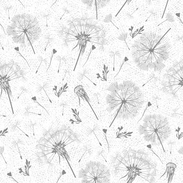 Behang Paardenbloemen in grijstinten op een witte achtergrond