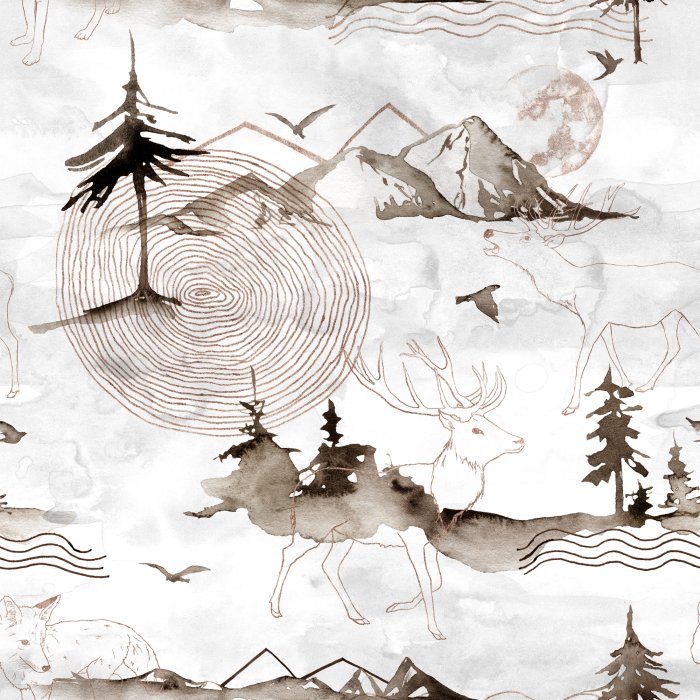 Behang Aquarellandschap met bergen, bos en herten.