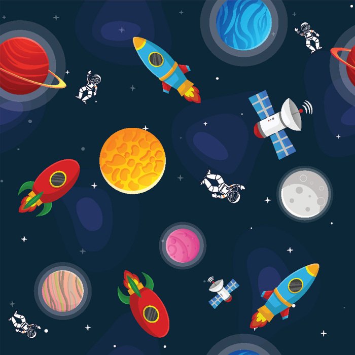 Behang Rode en blauwe raketten in de ruimte tussen de planeten.