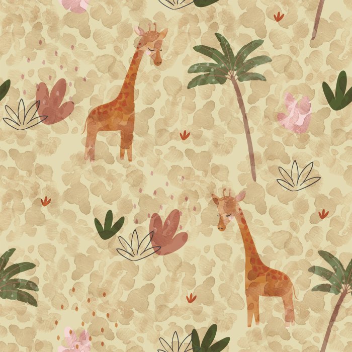 Behang Patroon met giraffen en vegetatie in bruin en beige.
