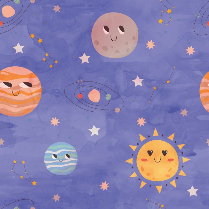 Behang Planeten in de ruimte: patroon voor kinderen in cartoonstijl