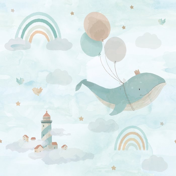 Behang Vliegende walvis met een kroon op en ballonnen in zijn handen