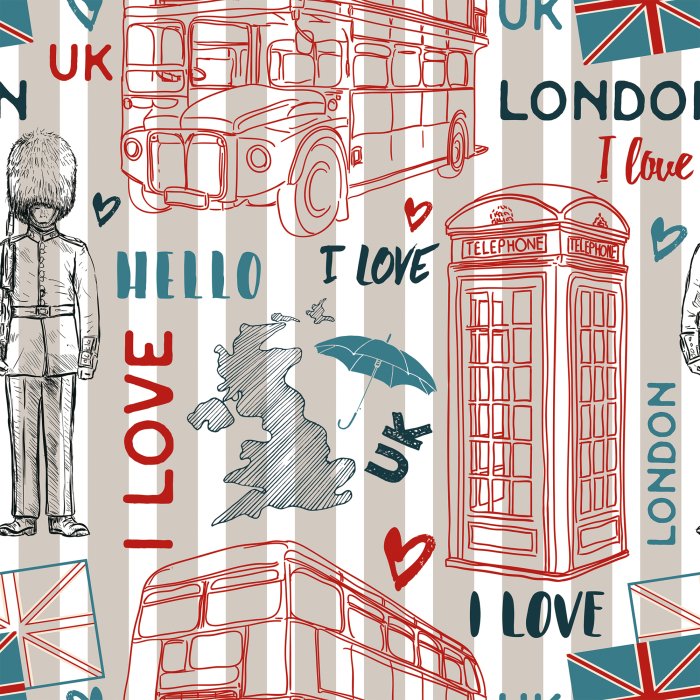 Behang Londense symbolen op een gestreepte achtergrond