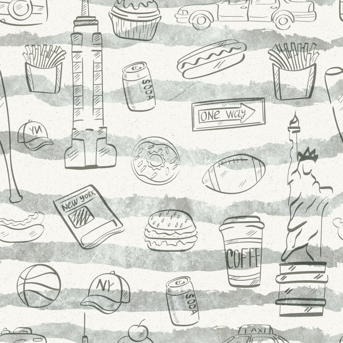 Behang Cartoonachtige symbolen van New York op een gestreepte achtergrond.