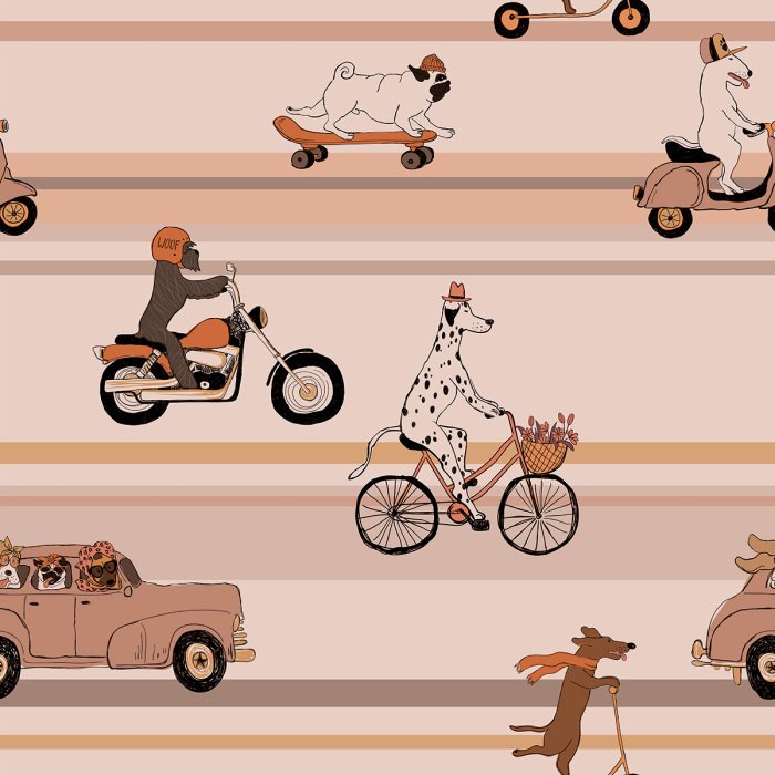 Behang Schattige honden in voertuigen tegen een gestreepte achtergrond.