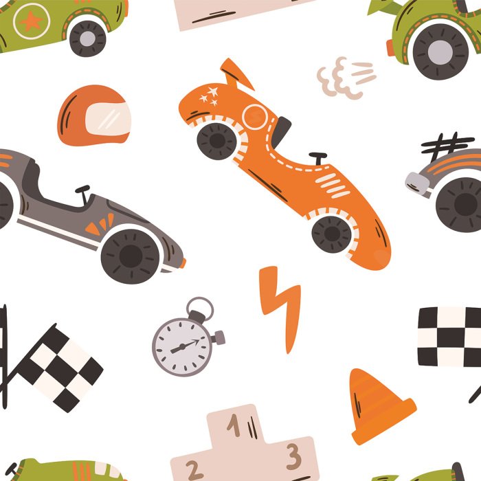 Behang Racewagens in cartoonstijl voor kinderen
