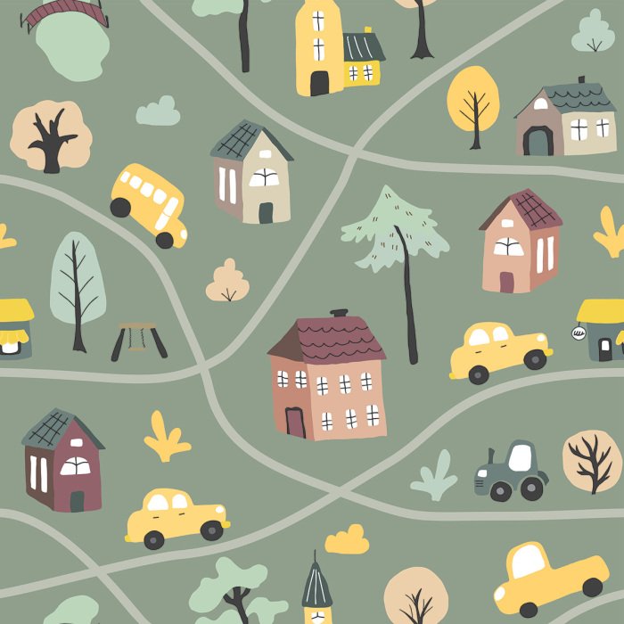 Behang Auto's in cartoonstijl in de stad