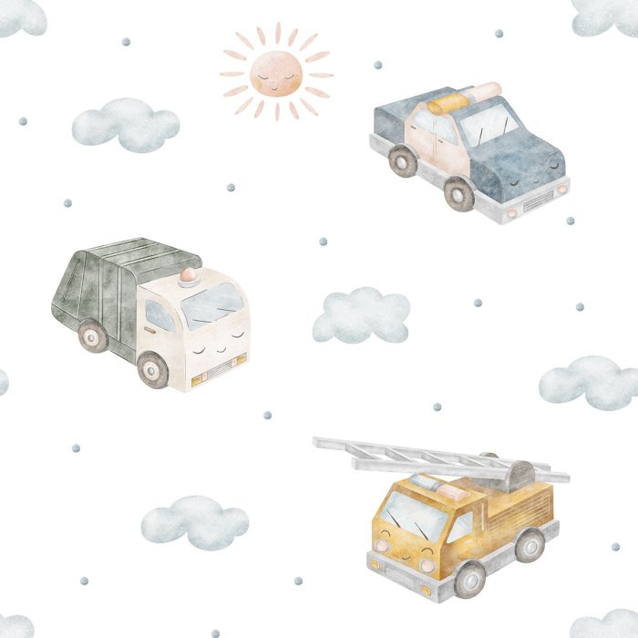 Behang Aquarelpatroon van voertuigen, wolken en de zon.