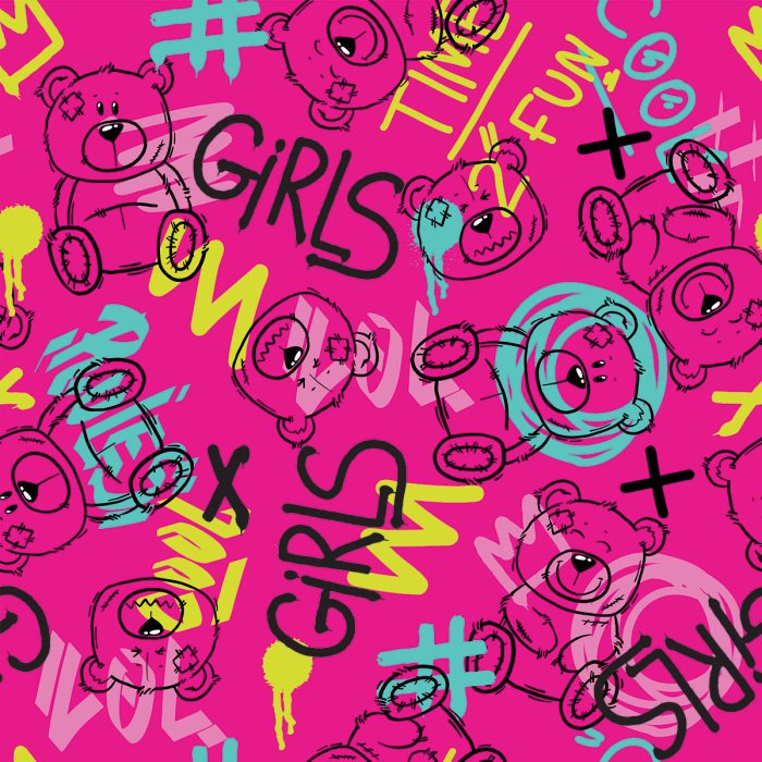 Behang Graffiti en teddyberen op een roze achtergrond