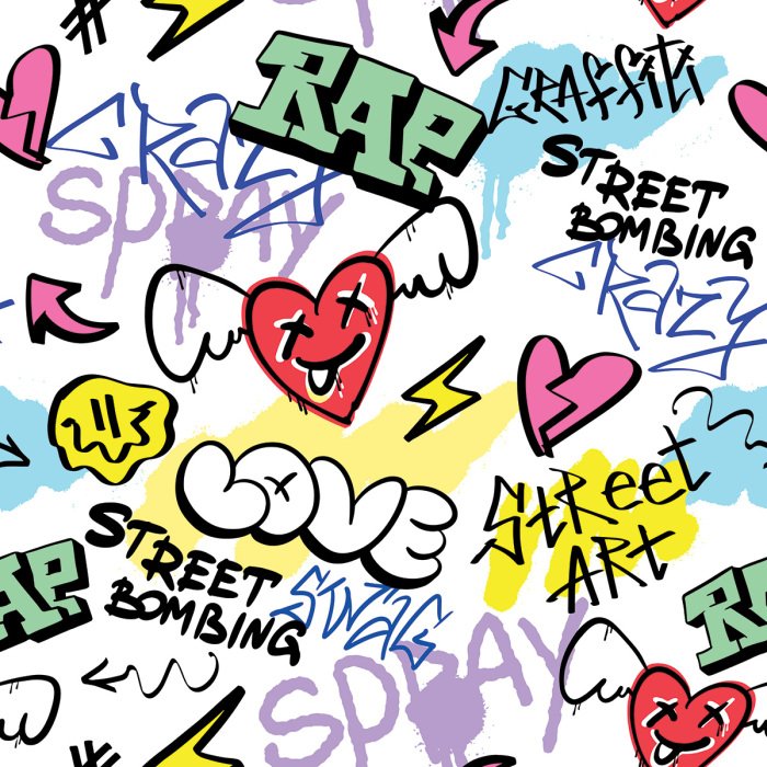 Behang Kleurrijke graffiti-opschriften en tekeningen in de stijl van straatkunst.