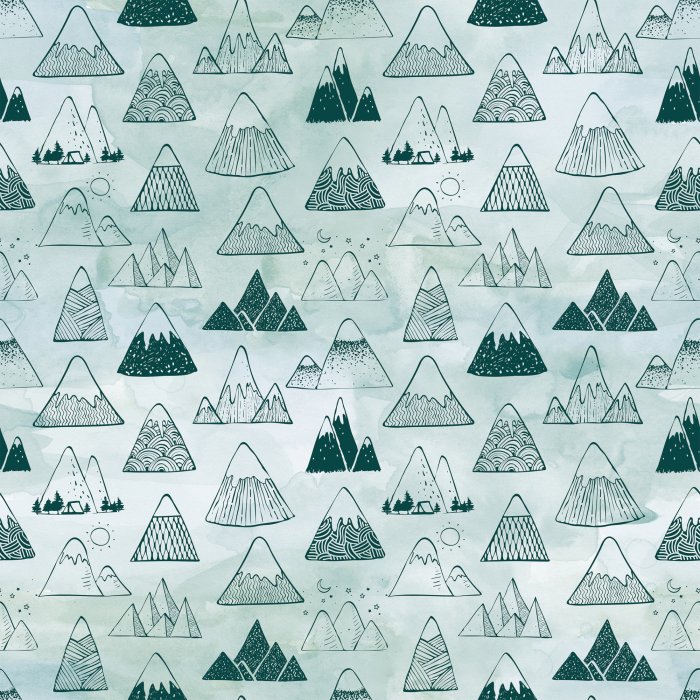 Behang Bergen in doodle-stijl op een aquarelgroene achtergrond.
