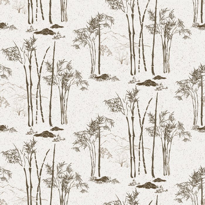 Behang Minimalistische bomen tegen de achtergrond van bergsilhouetten.