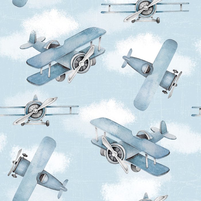 Behang Aquarel vliegtuigen op een blauwe achtergrond tussen de wolken.