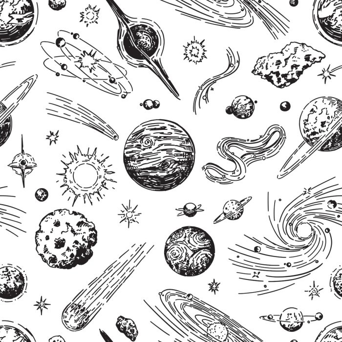 Behang Zwart-wit planetenpatroon in de ruimte