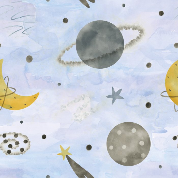 Behang Aquarelpatroon van de planeet, de maan en de sterren.