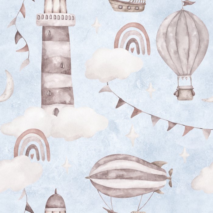 Behang Een aquarelpatroon met zee- en luchtmotieven op een blauwe achtergrond.