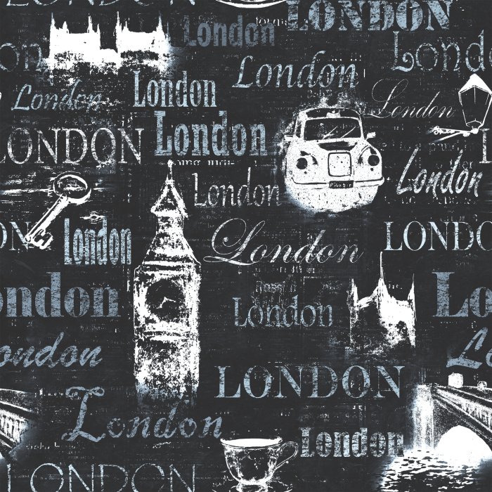 Behang Patroon met iconische Londense bezienswaardigheden in grijs.