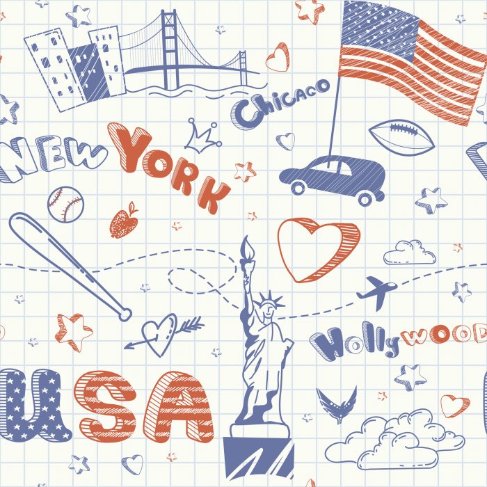 Behang Patroon met symbolen van New York in doodle-stijl.