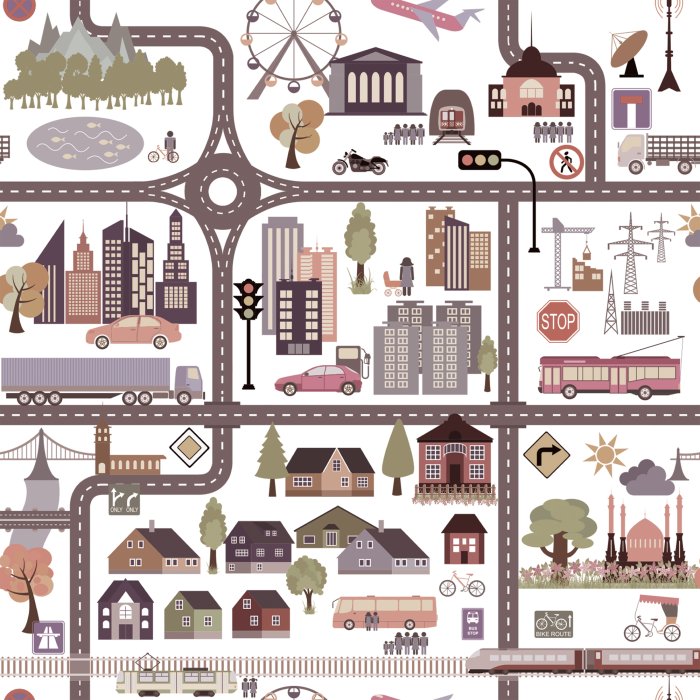 Behang Geïllustreerde stadsplattegrond voor kinderen