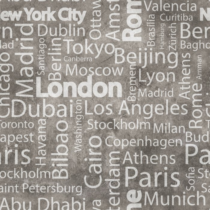Behang Stadsnamen van over de hele wereld op een betonnen achtergrond.