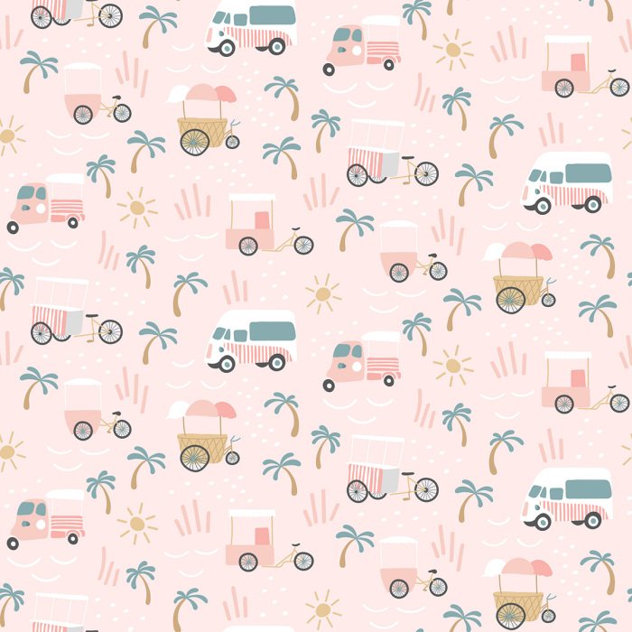 Behang Retro autopatroon met palmbomen in pastelkleuren.