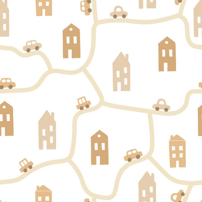 Behang Patroon met huisjes en auto's voor kinderen in neutrale kleuren.
