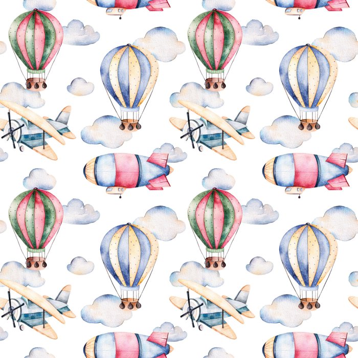 Behang Patroon van ballonnen, luchtschepen en vliegtuigen in aquarelstijl.