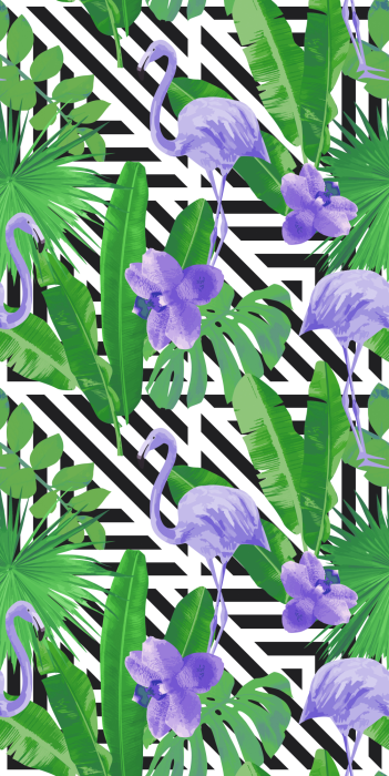 Behang Monstera-bladeren met paarse flamingo's