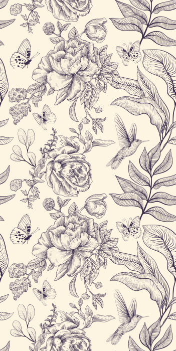 Behang Vintage tekening met bloemen en vlinders