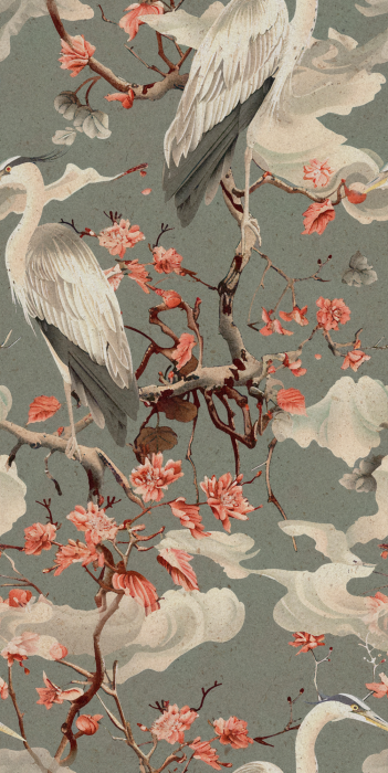 Behang Een compositie van kraanvogels en roze bloemen