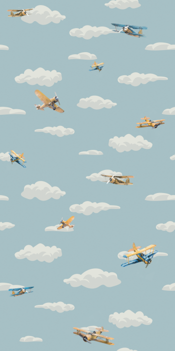 Behang Een licht kinderpatroon met vliegende vliegtuigjes.