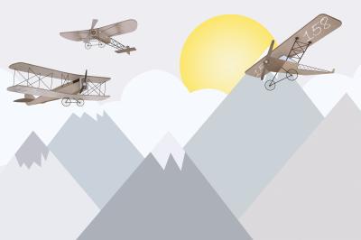 Fotobehang Sprookjesachtige dubbeldekkers vliegen over de bergen