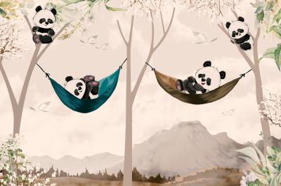 Fotobehang Schattige panda's rusten in hangmatten