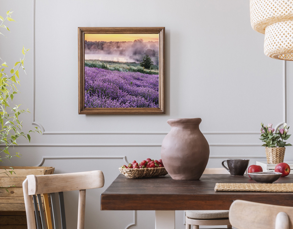 Afbeelding lavendelveld in de mist