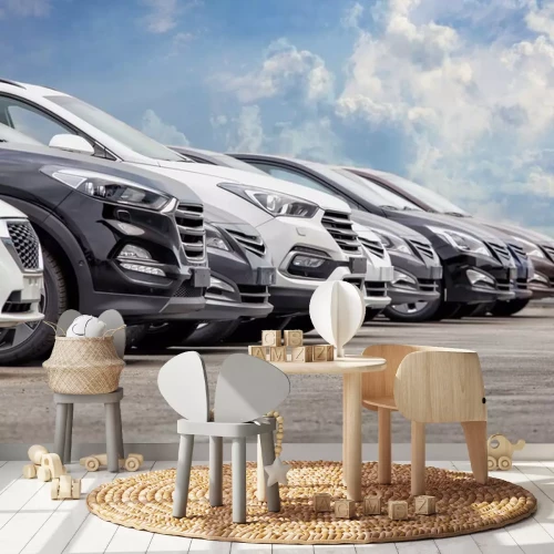 Sticker Kappen van moderne auto's die op een rij geparkeerd staan