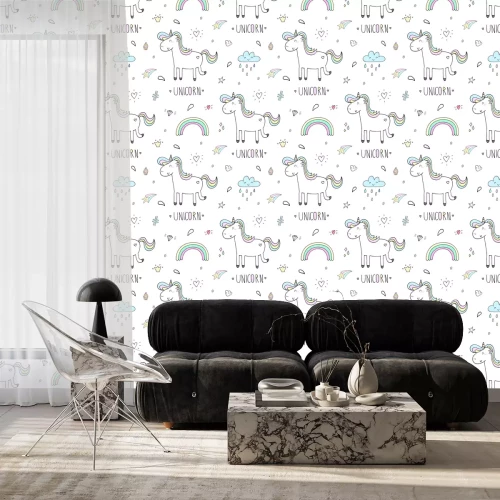 Behang Eenhoorns met regenboogstaarten