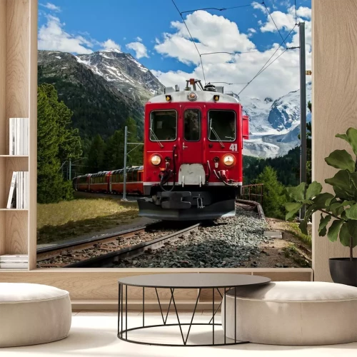 Fotobehang Rode trein in de bergen