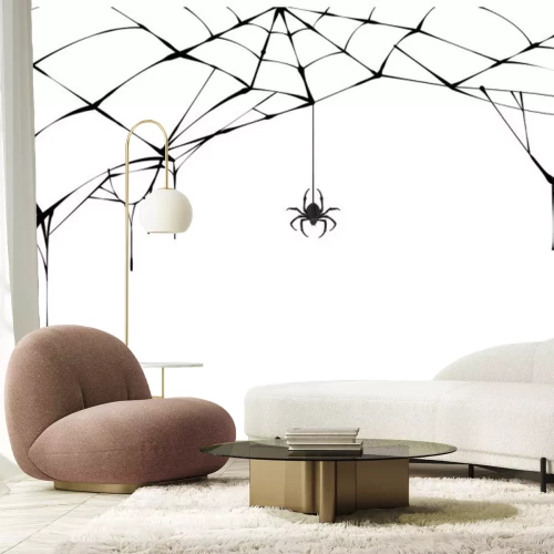 Sticker Zwart-wit tekening van een spin op een spinnenweb