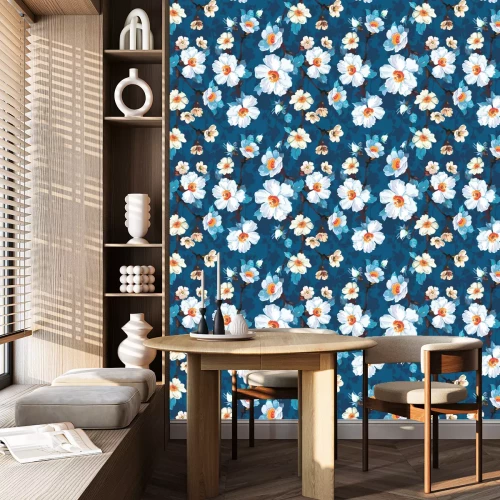 Behang Blauw Bloemen Naadloos Patroon