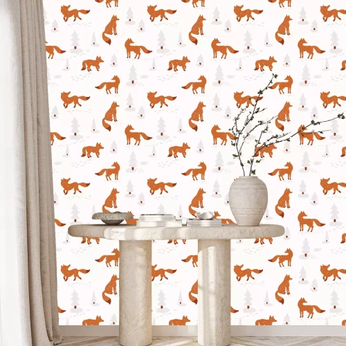 Behang Vossen en besneeuwde kerstbomen op roze achtergrond