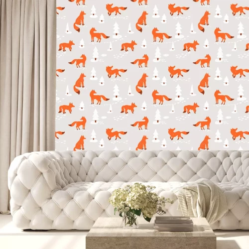 Behang Vossen en kerstbomen in sneeuw op grijze achtergrond