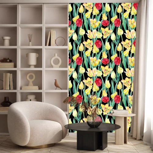 Behang Waterverf lente tulpen veld naadloos patroon