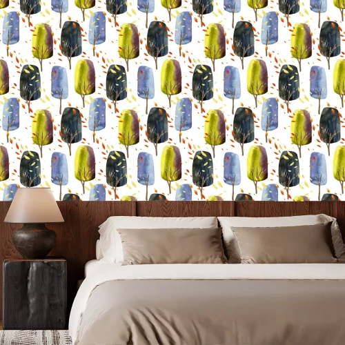 Behang Waterverfbomen - vallende bladeren