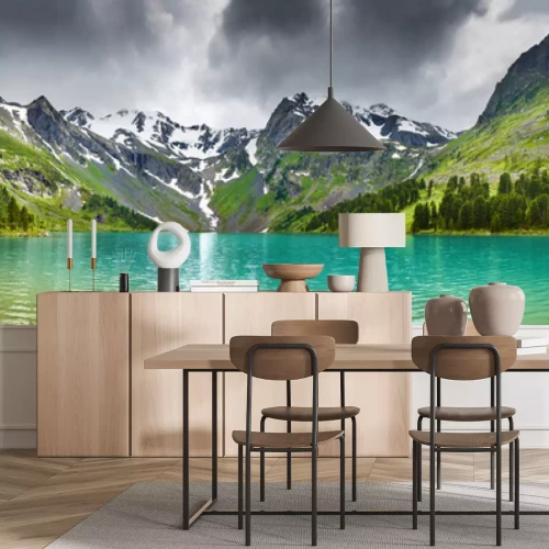 Sticker Panorama van een bergmeer en bergtoppen