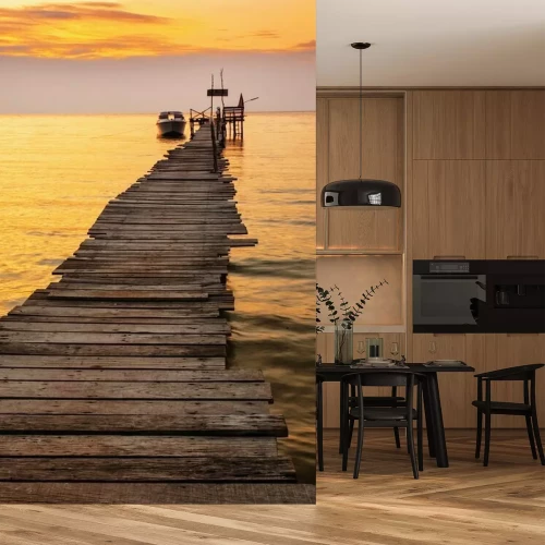 Fotobehang Oude steiger met motorboot