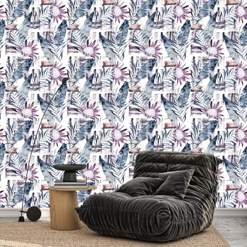 Behang Abstracte druk met marmeren willekeurige elementen en aquarelbladeren, bloemen. Exotisch patroon in retro stijl. Hand getekende illustratie