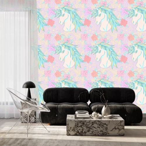 Behang Eenhoorn en bloemen