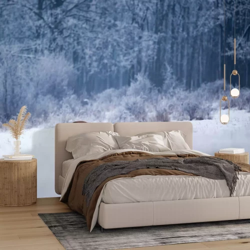 Fotobehang Figuur van een vos in een besneeuwd bos